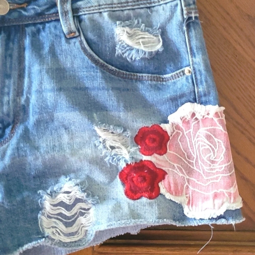 Zara Embroidered Distress/Destroy Denim Shorts